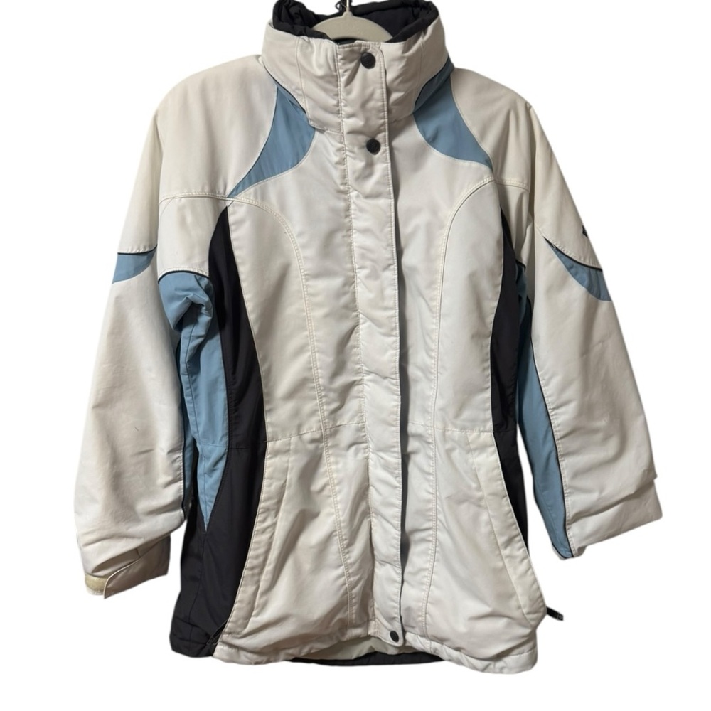 Columbia Women’s Winter Jacket Ski Jacket Optional Hood Size Medium White Blue